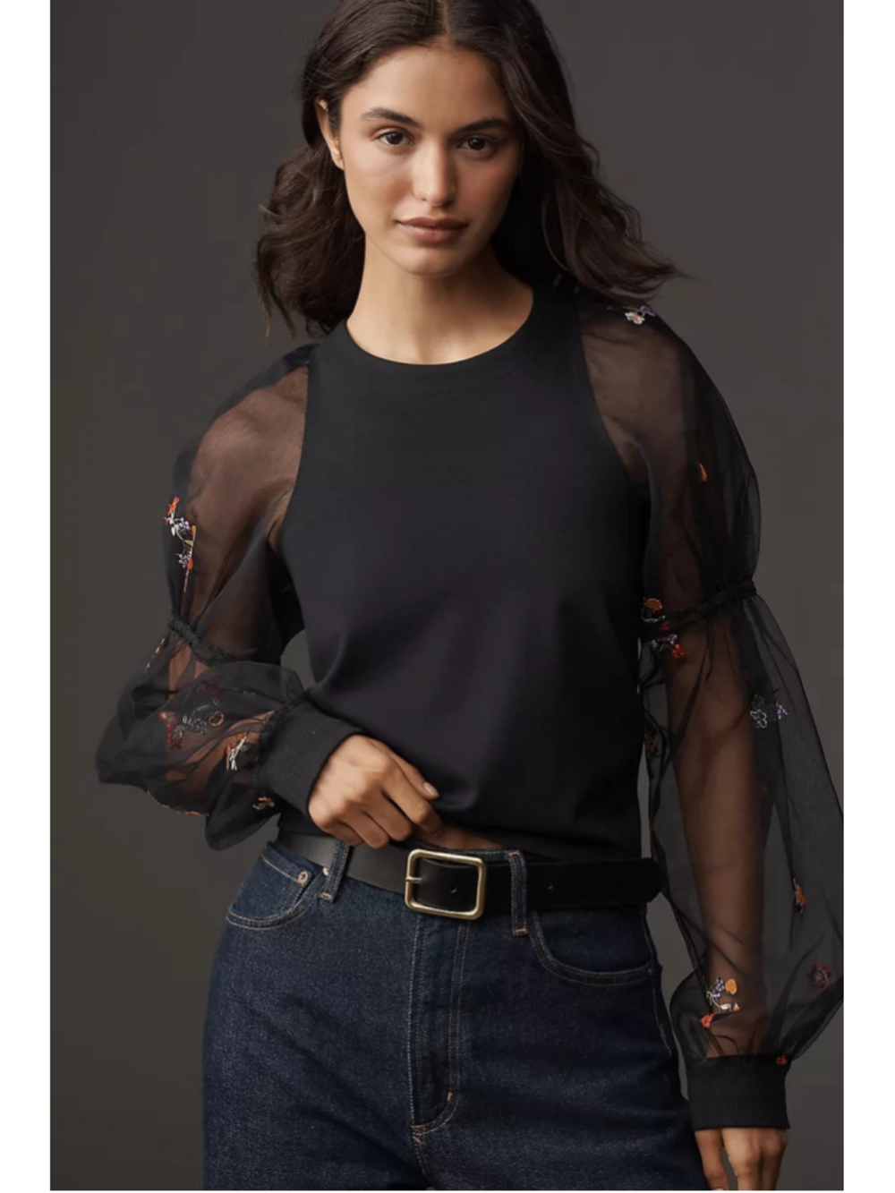 Anthropologie Maeve Embroidered Sheer-Sleeve Pullover Size L Black Pattern